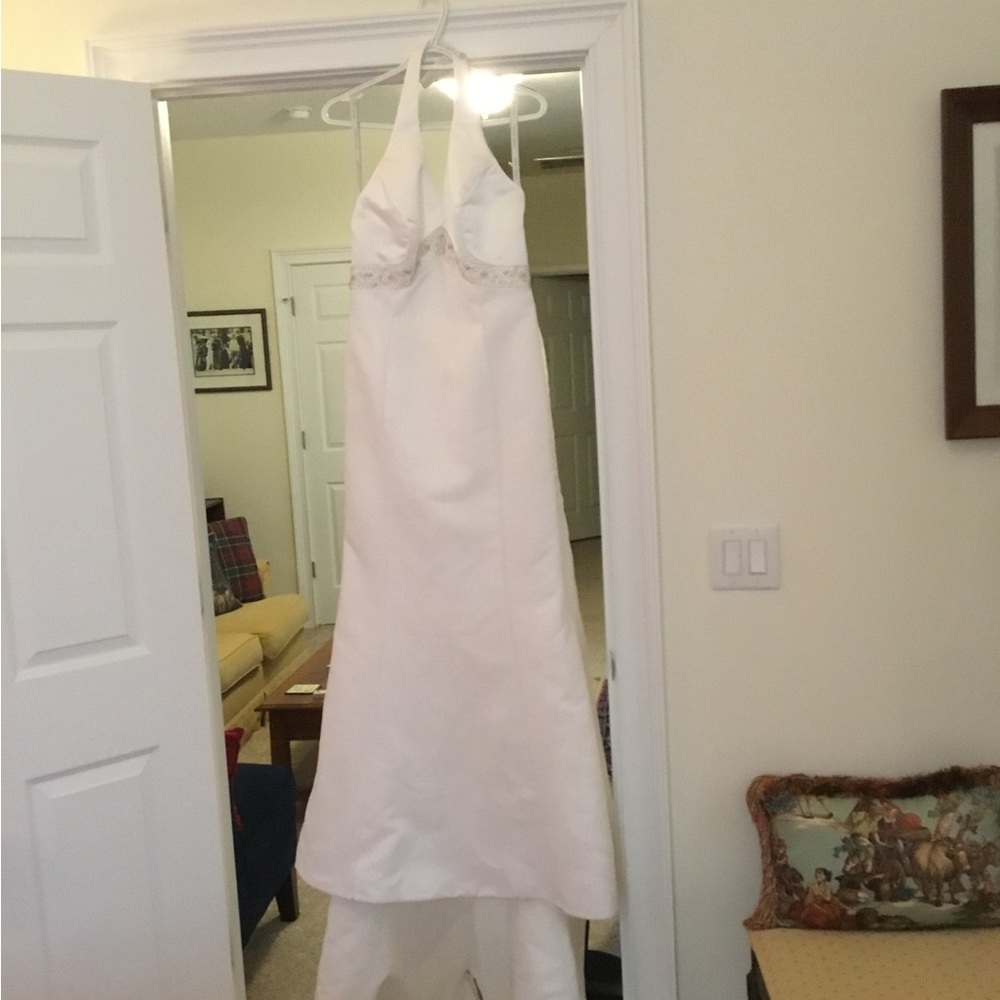 Alfred Angelo White Halter Satin Bridal Dress with Beaded Empire